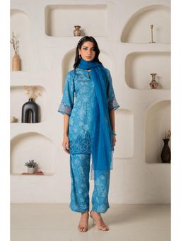 Juniper - Women Blue Viscose Beads and Stones Kurta with Pant and Dupatta