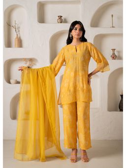 Juniper - Women Yellow Viscose Beads and Stones Kurta with Pant and Dupatta