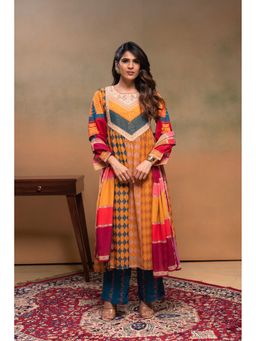 Juniper - Women Mustard Polyester Beads and Stones Kurta with Pant and Dupatta
