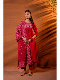 Juniper - Women Maroon Polyester Thread Work Kurta with Pant and Dupatta