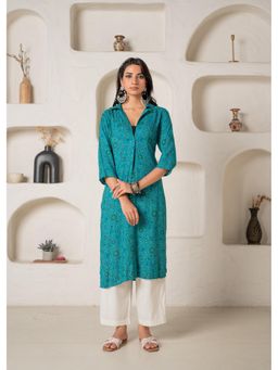 Juniper - Teal Printed Collar-Neck Straight Kurta