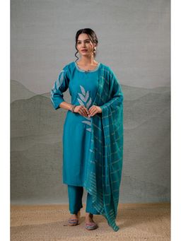 Juniper - Women Teal Poly Viscose Thread Work Kurta with Pant and Dupatta