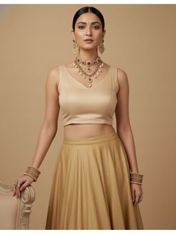 HAPPY OWL - Women Gold Capri Silk Stitched Blouse