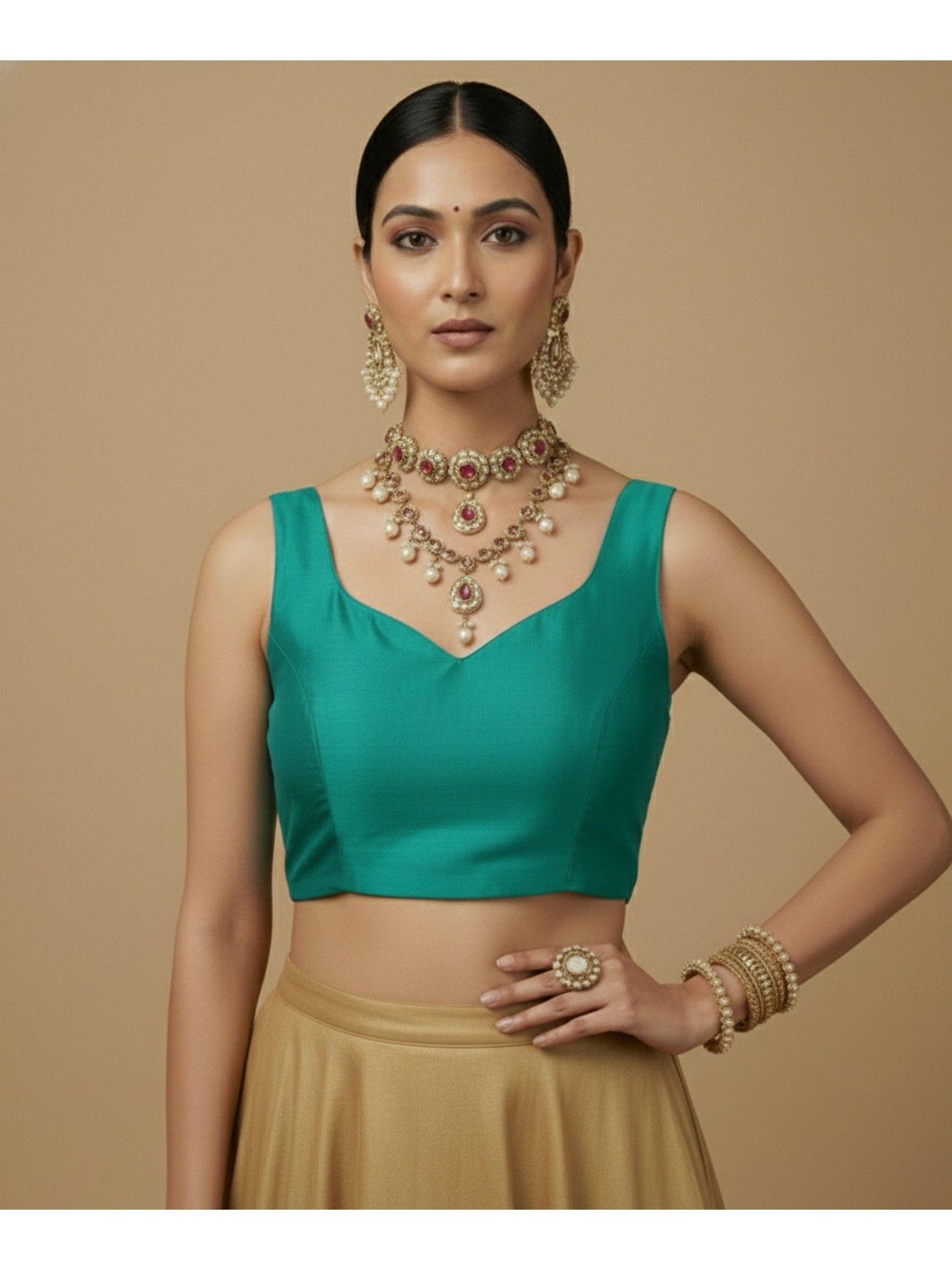 Women Teal Capri Silk Stitched Blouse-image-47