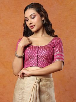 SALWAR STUDIO - Pink Brocade Round neck Elbow Sleeves Stitched Blouse