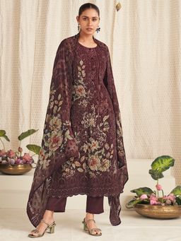 Stylee LIFESTYLE - Brown Georgette Digital Printed Unstitched Kurta with Pant and Dupatta