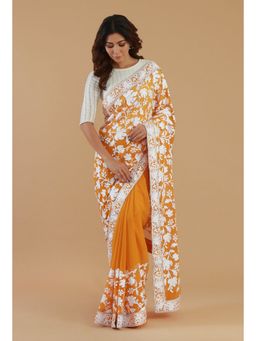 Tjori - Embroidered Mustard Yellow Georgette Saree with Unstitched Blouse