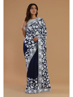 Tjori - Embroidered Navy Blue Georgette Saree with Unstitched Blouse
