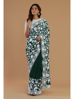 Tjori - Embroidered Bottle Green Georgette Saree with Unstitched Blouse