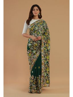 Tjori - Embroidered Green Georgette Saree with Unstitched Blouse