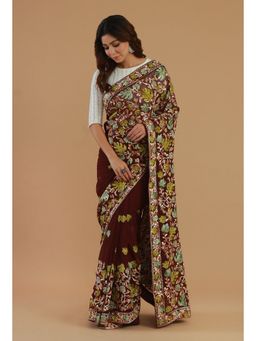 Tjori - Maroon Georgette Embroidered Saree with Unstitched Blouse