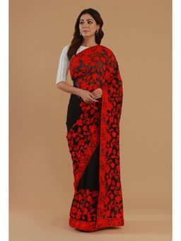 Tjori - Floral Embroidered Black Georgette Saree with Unstitched Blouse