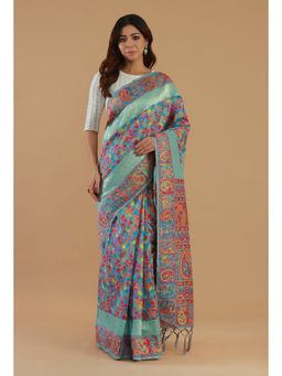 Tjori - Blue Kani Weave Silk Wool Saree with Unstitched Blouse