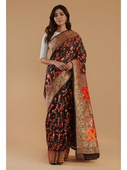 Tjori - Kashmiri Inspired Floral Printed Silk Wool Saree with Unstitched Blouse