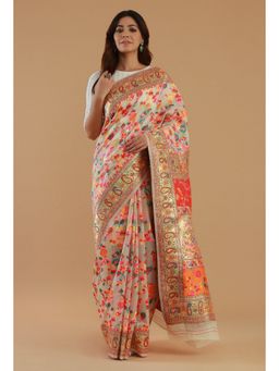Tjori - Ivory Heritage Floral Silk Wool Saree with Unstitched Blouse