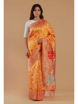 Tjori - Sunshine Yellow Heritage Floral Silk Wool Saree with Unstitched Blouse
