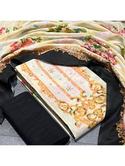 SALWAR STUDIO - Beige and Black Cotton Printed Unstitched Kurta with Pant and Dupatta