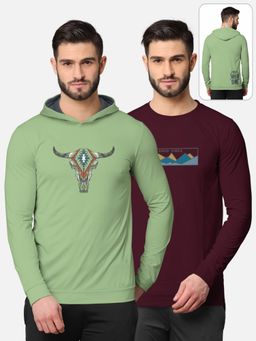 BULLMER - Printed Full Sleeve T-shirt For Men Green And Burgundy (Pack of 2)