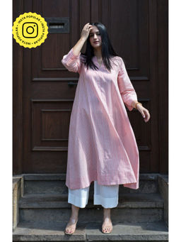 HOUSE OF MOXA - Coral Stripe A line kurta with slip in Handwoven cotton