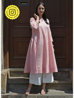 HOUSE OF MOXA - Coral Stripe Bias Paneled kurta with slip in Handwoven cotton