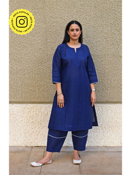 HOUSE OF MOXA - Navy Blue Linen Straight Fit Paneled Kurta