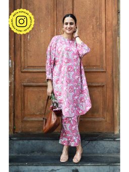 HOUSE OF MOXA - Pink and White Hand block Printed Antifit co-ord Set (Set of 2)