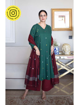 HOUSE OF MOXA - Forest Green Jamdani Phiran Kurta with Slip and Palazzo (Set of 3)
