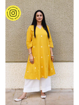 HOUSE OF MOXA - Mustard Polka Dot Phiran Kurta with Slip and Palazzo (Set of 3)