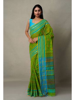 Unnati Silks - Green Pure Hand Block Printed Mangalgiri Cotton Saree with Unstitched Blouse