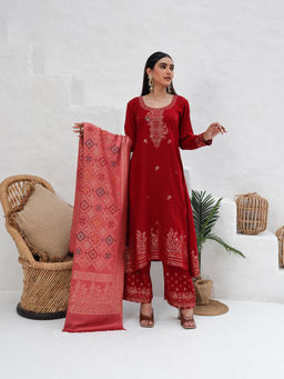 Kidar - CHAND Women's Unstitched Suit-Maroon (Set of 3)