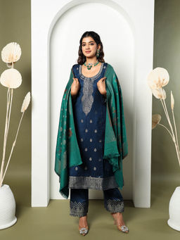 Kidar - SAARA Women's Unstitched Suit-Navy Blue (Set of 3)