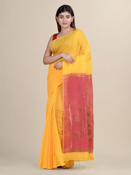 LAA CALCUTTA - Yellow & Pink Cotton Silk Hand Woven Sequence Saree With Unstitched Blouse