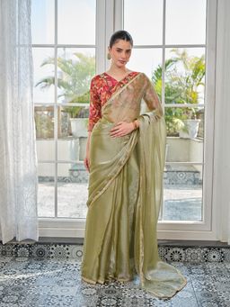 Kalista Fashion - Women Green Organza Embellished Saree with Unstitched Blouse