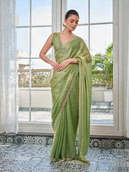 Kalista Fashion - Women Beige Organza Embellished Saree with Unstitched Blouse