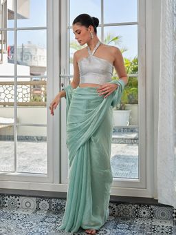 Kalista Fashion - Women Green Tissue Solid Saree with Unstitched Blouse