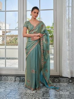 Kalista Fashion - Women Metallic Tissue Embellished Saree with Unstitched Blouse