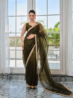 Kalista Fashion - Women Green Net Embellished Saree with Unstitched Blouse
