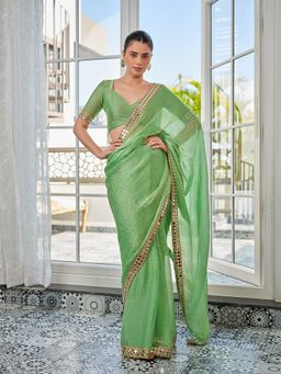 Kalista Fashion - Women Green Tissue Embellished Saree with Unstitched Blouse