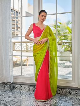 Kalista Fashion - Women Pink Chiffon Embellished Saree with Unstitched Blouse