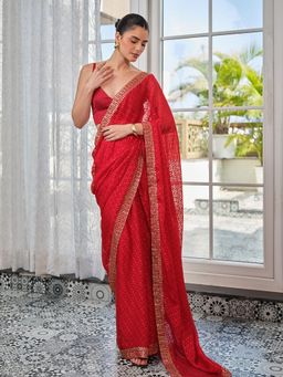 Kalista Fashion - Women Red Brasso Embellished Saree with Unstitched Blouse