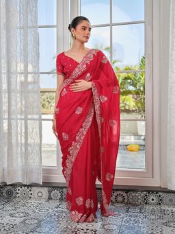 Kalista Fashion - Women Red Chiffon Embroidered Saree with Unstitched Blouse