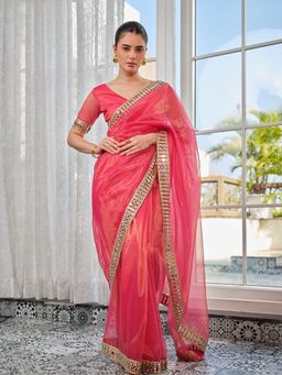 Kalista Fashion - Women Peach Organza Embellished Saree with Unstitched Blouse