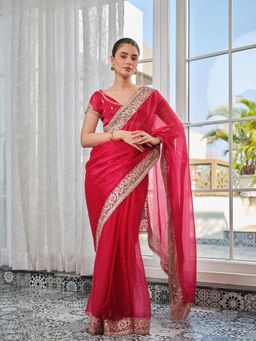 Kalista Fashion - Women Red Chiffon Embellished Saree with Unstitched Blouse