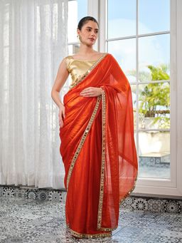 Kalista Fashion - Women Rust Tissue Embellished Saree with Unstitched Blouse
