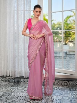 Kalista Fashion - Women Pink Tissue Embellished Saree with Unstitched Blouse