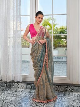 Kalista Fashion - Women Metallic Tissue Embellished Saree with Unstitched Blouse