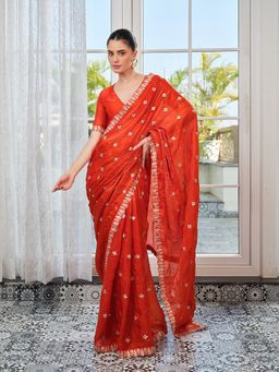 Kalista Fashion - Women Rust Tissue Embroidered Saree with Unstitched Blouse