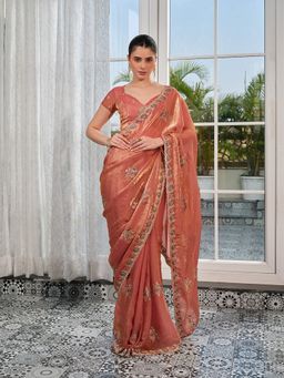 Kalista Fashion - Women Rust Tissue Embroidered Saree with Unstitched Blouse