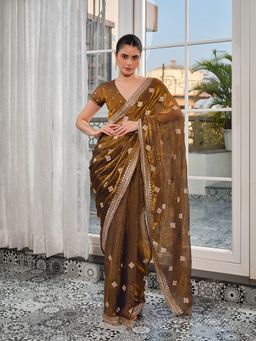 Kalista Fashion - Women Gold Tissue Embroidered Saree with Unstitched Blouse