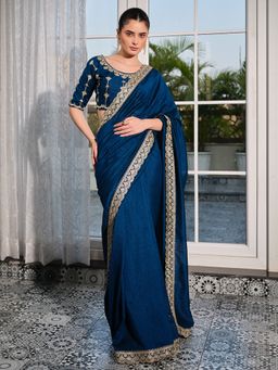 Kalista Fashion - Women Navy Blue Satin Embroidered Saree with Unstitched Blouse
